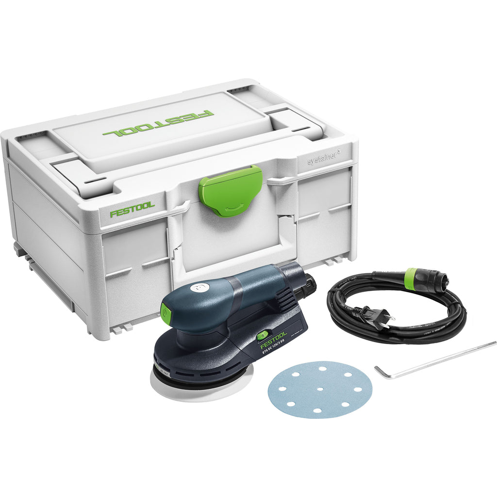 The Festool ETS EC 125/3 brushless sander includes 5mm hex key, soft sanding pad, Plug-it power cord, and Systainer SYS3.