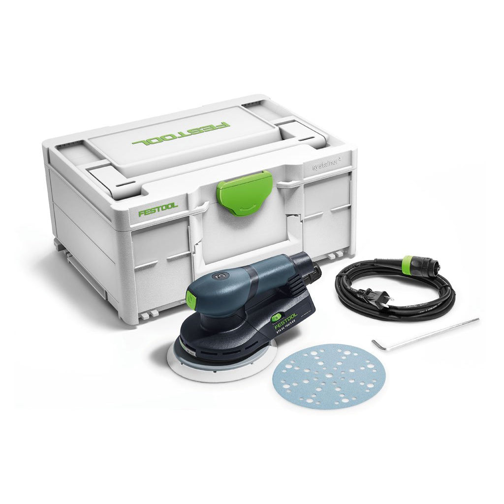 The Festool ETS EC 150/5 Brushless Random Orbit Sander includes a soft sanding pad, Plug-it power cord, and Systainer.