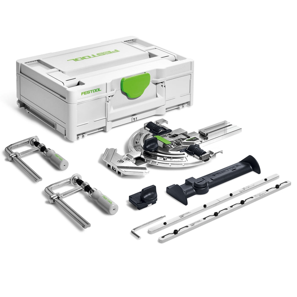 Festool Guide Rail Accessory Systainer Set includes Angle Stop, 2x Guide Rail Connectors, Deflector, 2x clamps, limit stop.