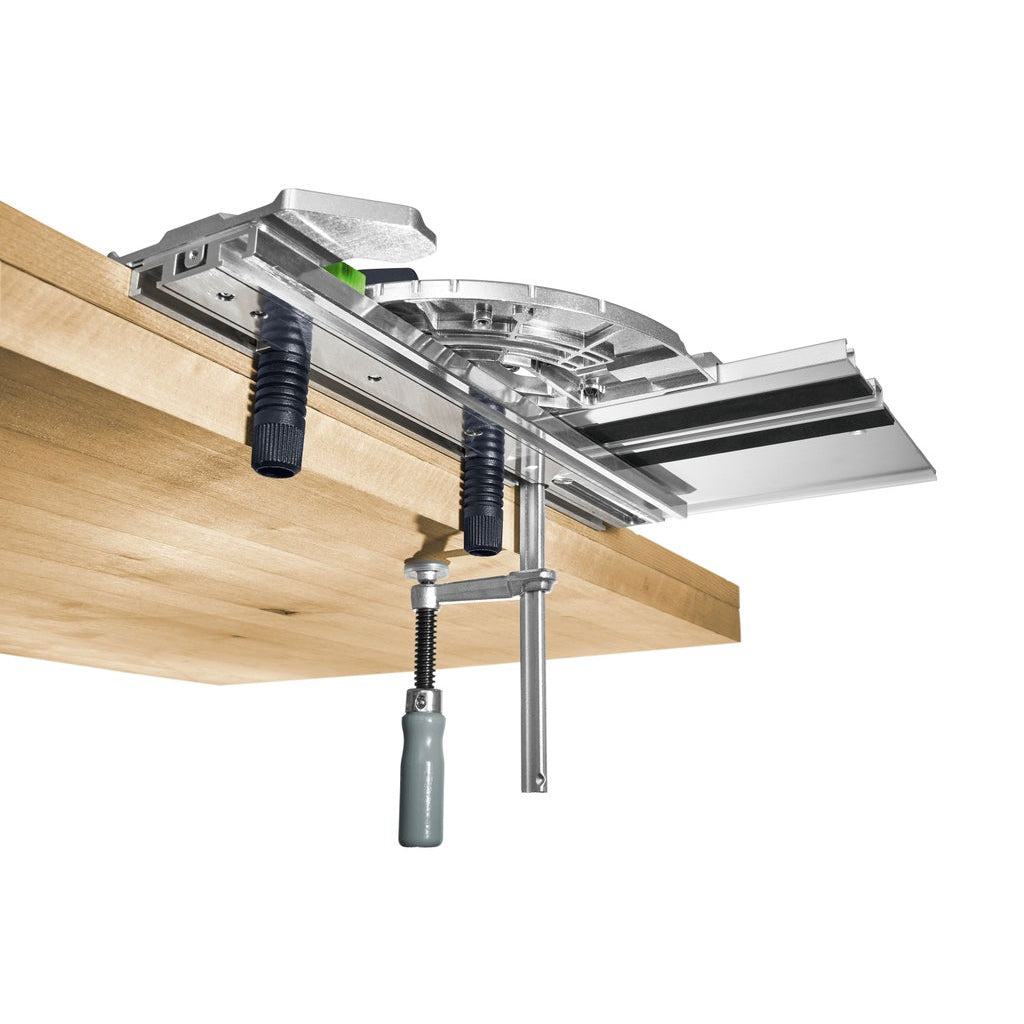 The Angle Stop and Screw Clamp attach to Festool Guide Rails to increase accuracy and repeatability of cuts.
