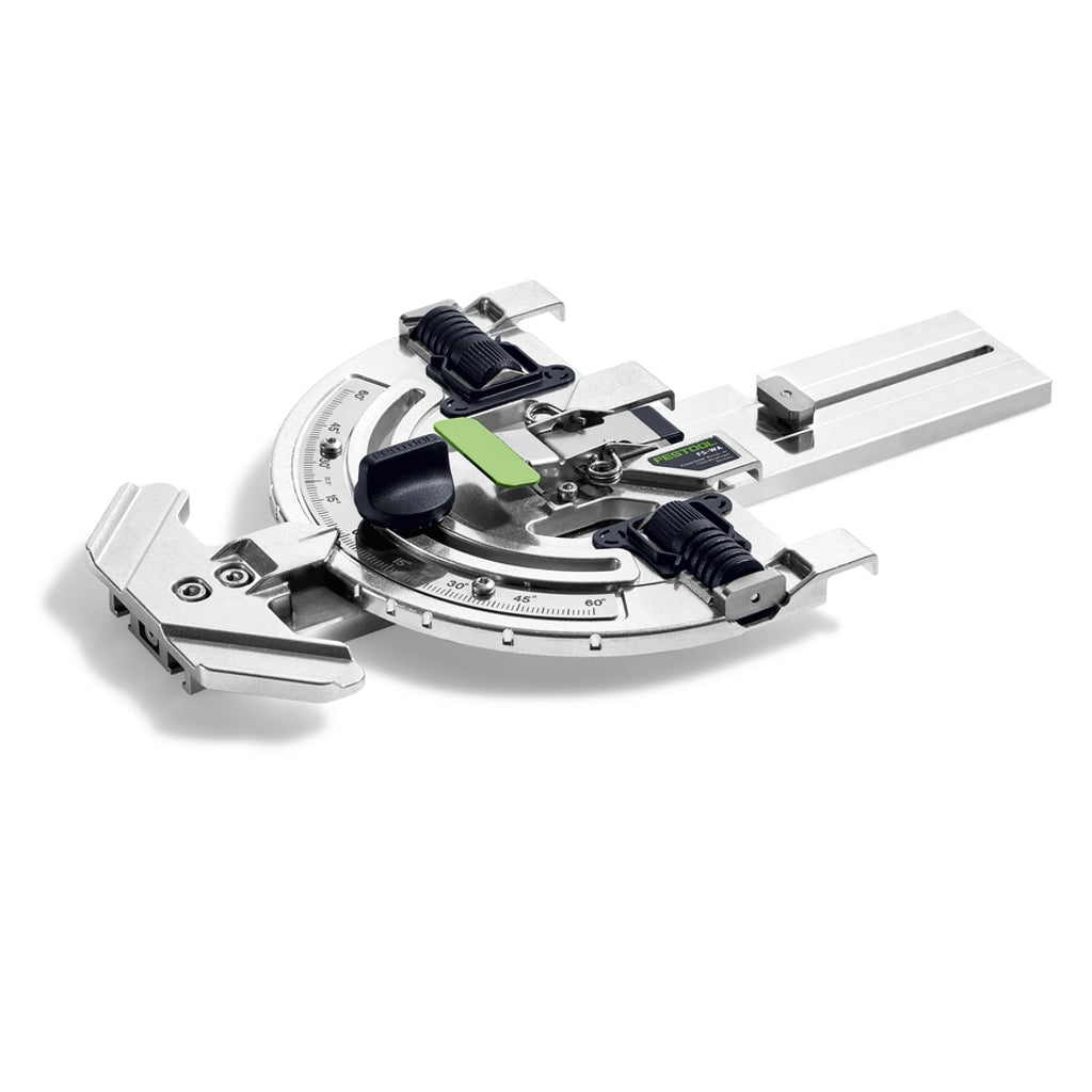 Festool's Guide Rail Angle Stop has a green clamping lever and blue adjustments. Quality metal construction.