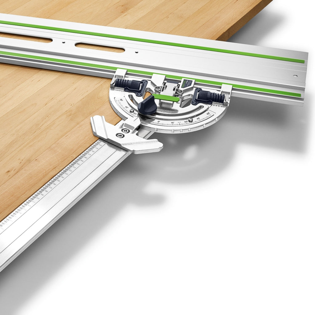 The Angle Stop, with extension accessory, provides solid registration against edge of a solid wood countertop for mitre cut.