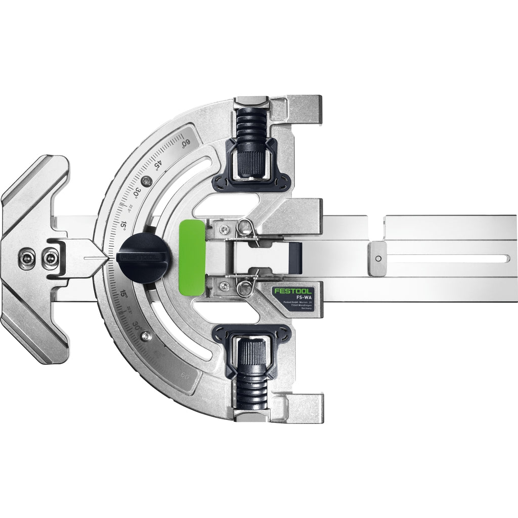Top view of Festool's Guide Rail Angle Stop showing clear angle scale, adjustable cursor, adjustments, draw clamp.