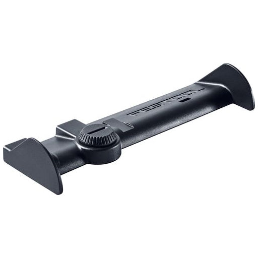 Blue plastic Festool guide rail deflector with smooth rounded body and end to contain hoses and cords. Serrated locking knob.