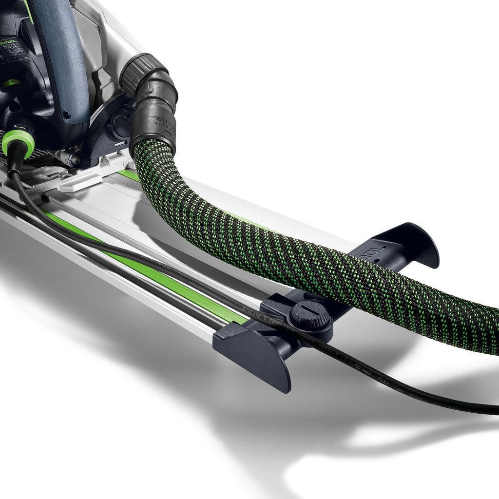 Blue plastic Festool guide rail deflector allows a hose and power cord to slide easily over the end of the aluminum track.
