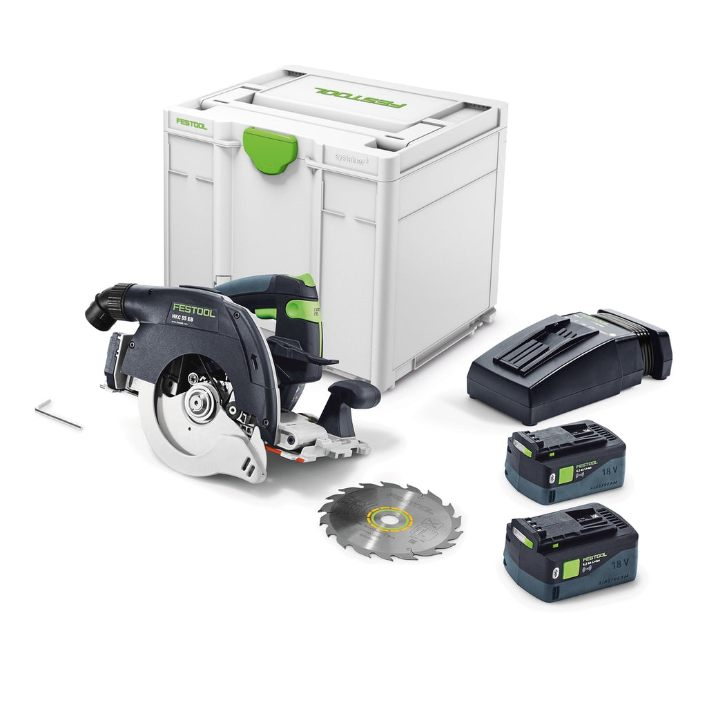 Festool's HKC 55 Li EBI-Plus Carpentry Track Saw includes 2 batteries, charger, 18T blade, and Systainer.