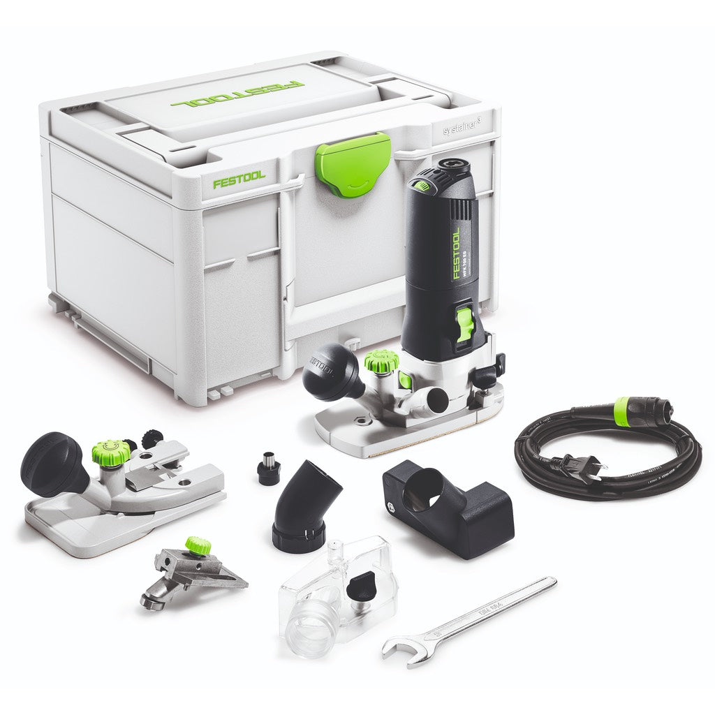 The MFK 700 EQ Modular Trim Router Set includes 2 bases, dust collection attachments, feeler bearing, 2 collets, Systainer.