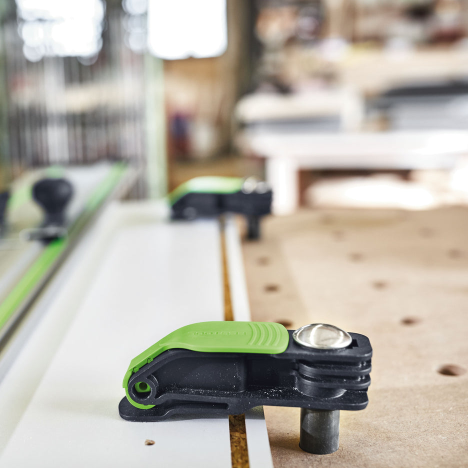 Two Festool MFT System Compatible Quick Clamps holding melamine coated particle board.