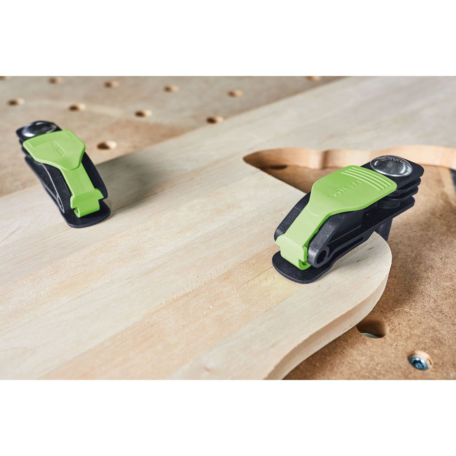 Two Festool MFT System Compatible Quick Clamps holding solid wood.