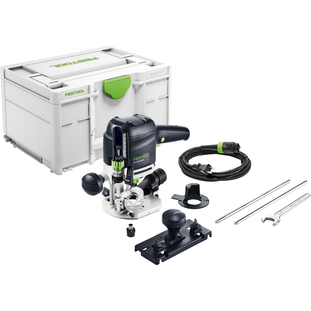 Festool's OF 1010 REQ plunge router includes Guide Stop, guide rods, Plug-it cable, template guide adapter, Systainer, 1/4" & 8mm collets
