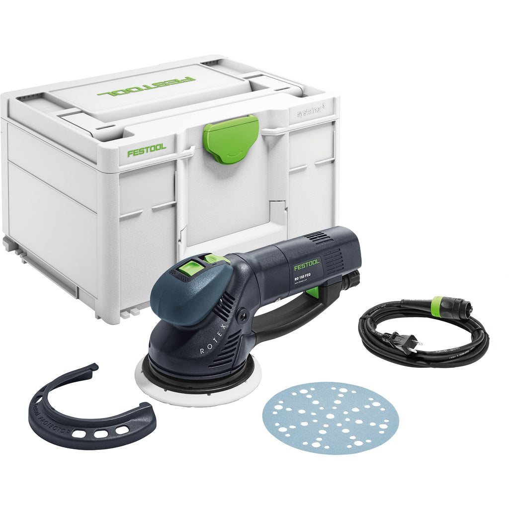 Festool RO 150 FEQ includes edge protector, Plug-it power cord, soft sanding pad and Systainer.
