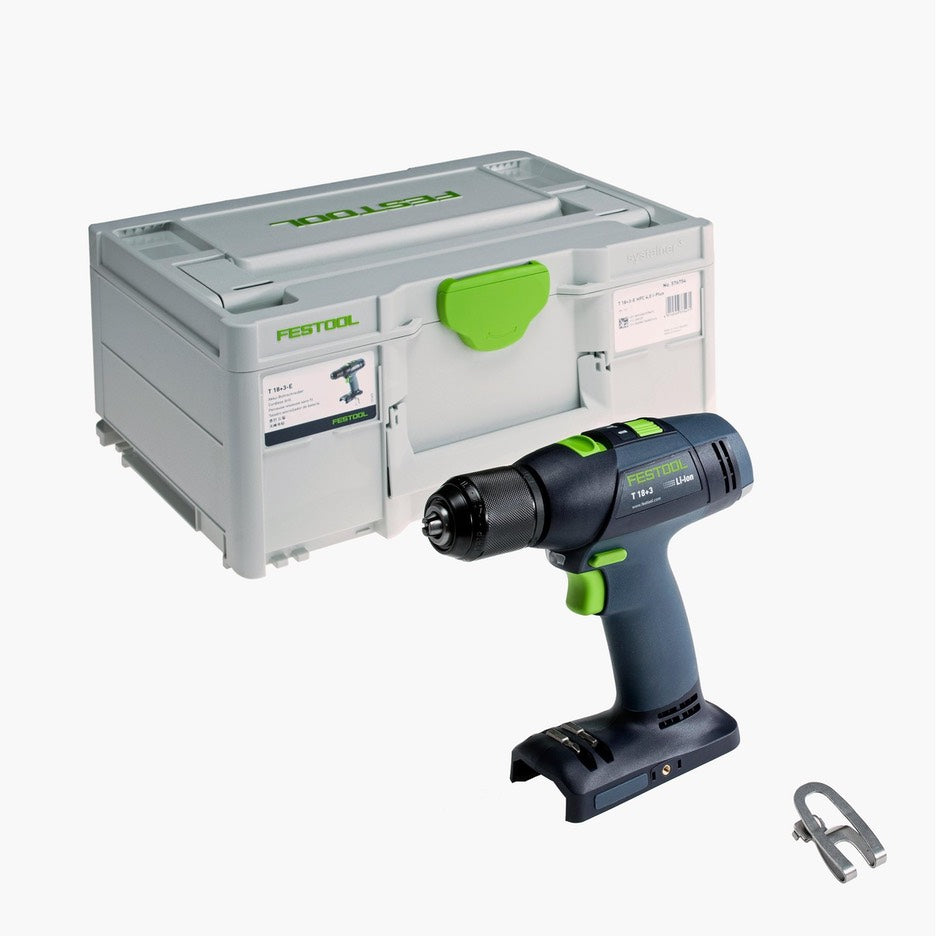 Festool T 18 Easy Cordless Drill has a metal chuck, on-board bit storage, & includes a reversible belt clip, Systainer.