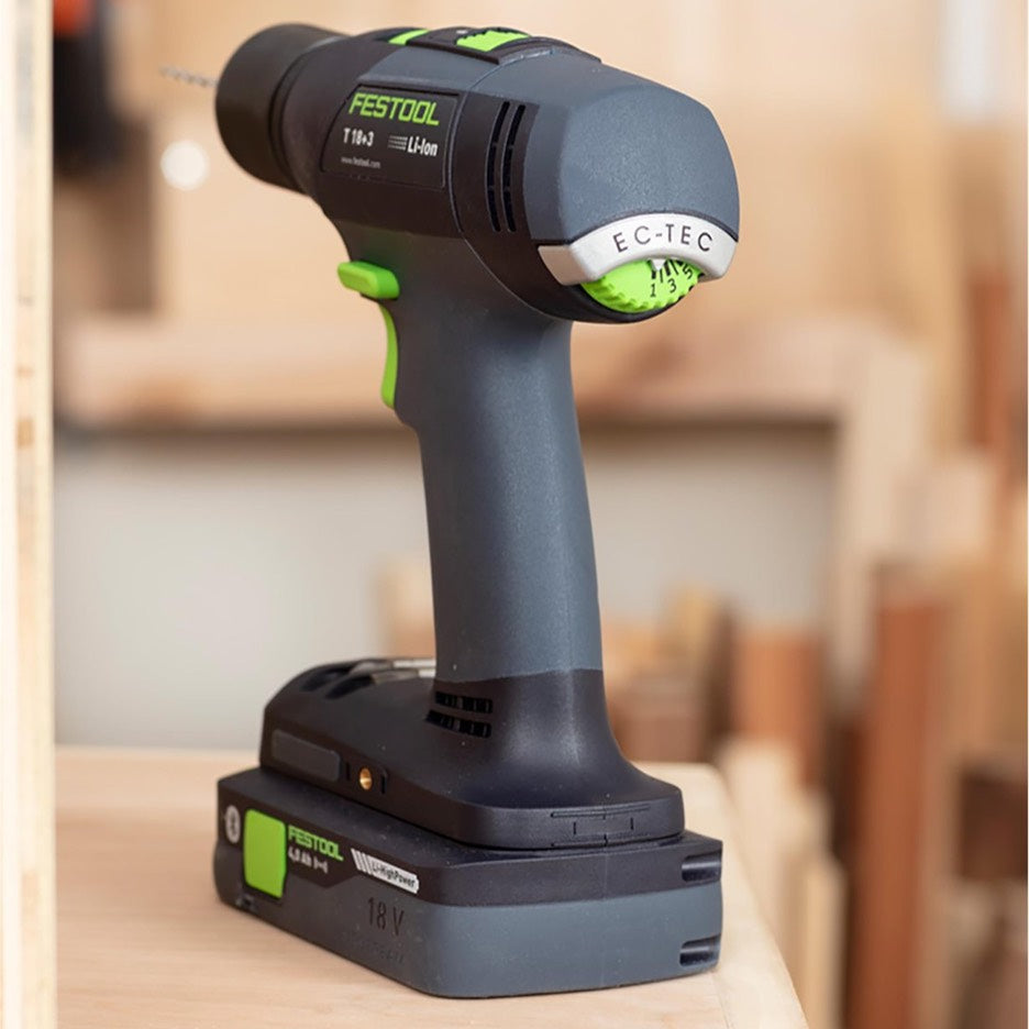 The electronic clutch on the Festool T 18 Easy is adjusted with a green dial on the back of the tool.