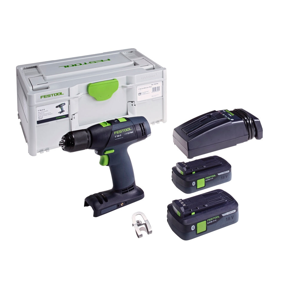 Festool T 18 Easy Cordless Drill with metal chuck includes 2 4Ah batteries, TCL 6 charger, and SYS3 M 187 Systainer.