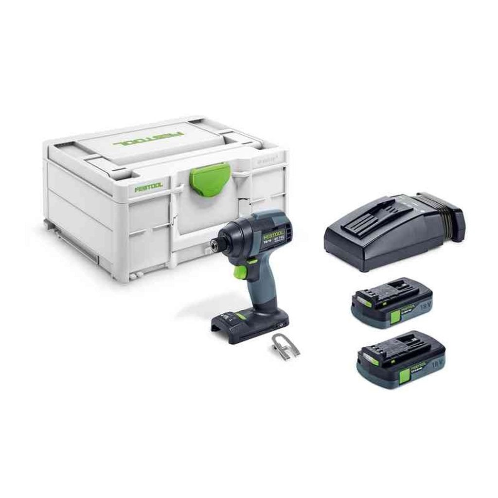 Festool TID 18 Cordless Impact Driver Plus package includes tool, 2 batteries, 6A TCL 6 charger, belt clip, Systainer.