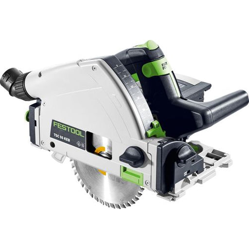 Front right view of the TSC 55 K track saw with blade plunged to maximum depth and green splinterguard installed.