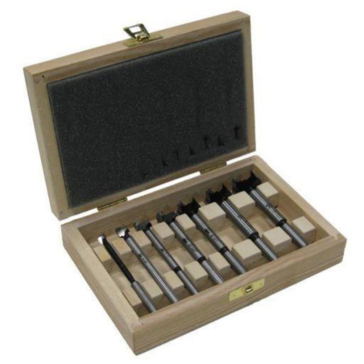 Set of 7 Fisch Tools Wave Cutter Forstner Bits in a wooden case for protection and storage. 1/4 to 1 inch diameter bits.