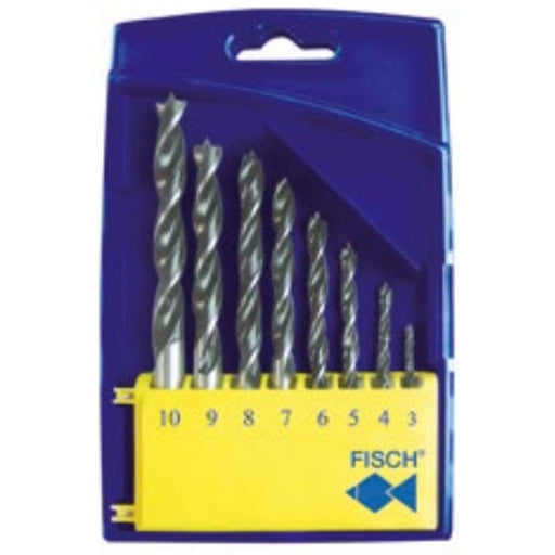 Set of Fisch metric brad point drill bits 3-10mm for wood in a blue and yellow case with Fisch logo on it.