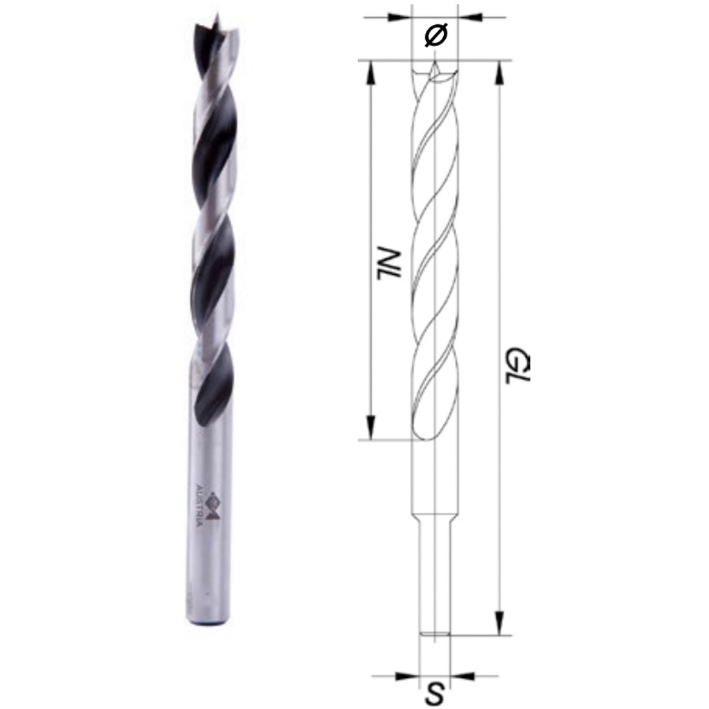 Technical drawing of a Fisch brad point bit, including cutting diameter, flute length, overall length, and shank size.