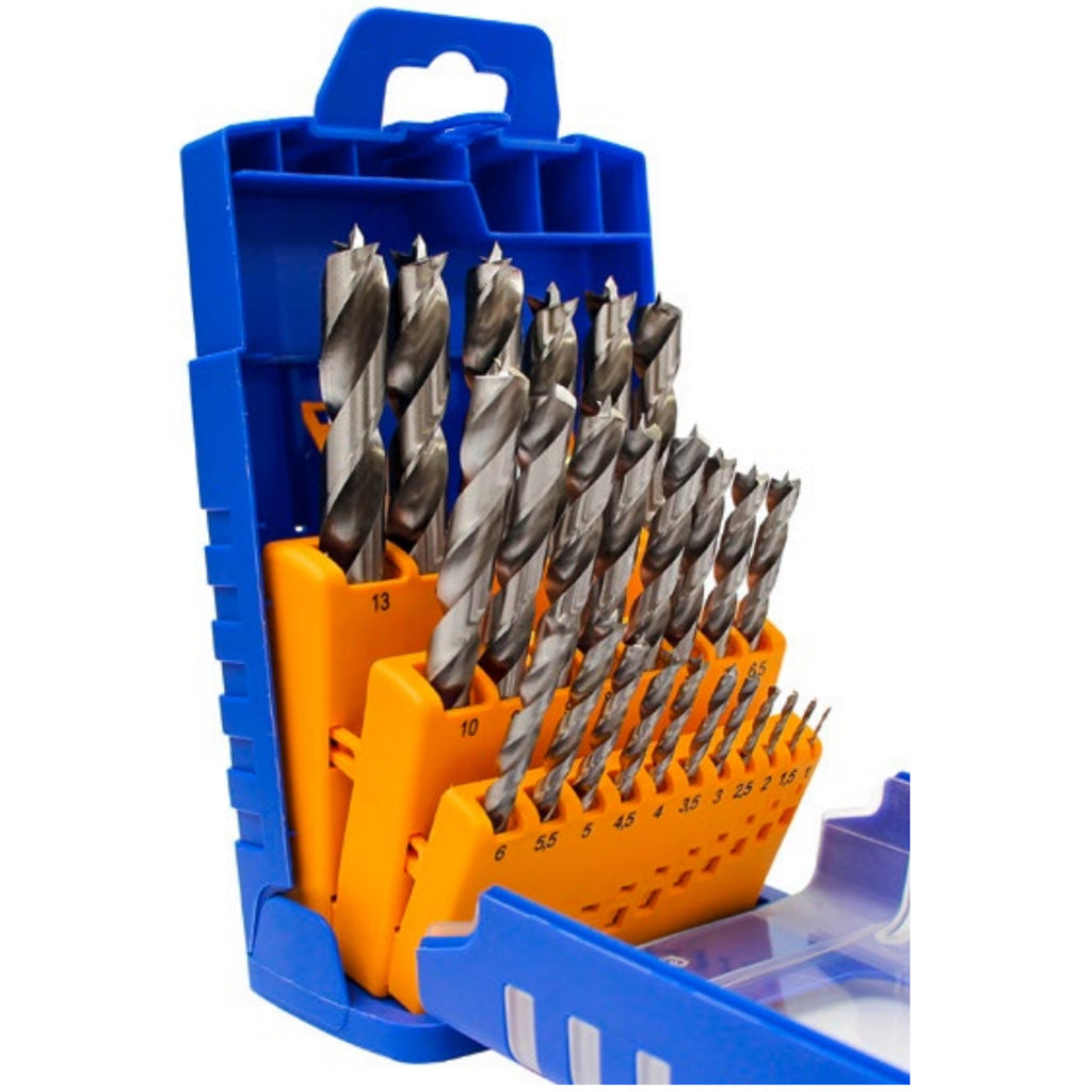A set of Fisch brad point HSS twist bits in an drill index case for easy organization, storage and identification.