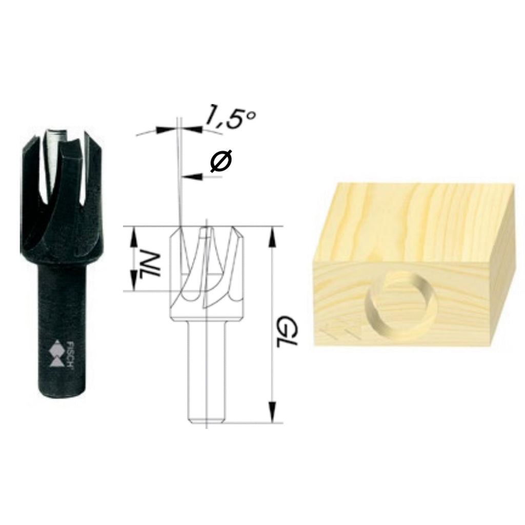 A technical drawing of the Fisch Tools Tapered Plug Cutter, next to a picture of the bit & a rendering of what it does.