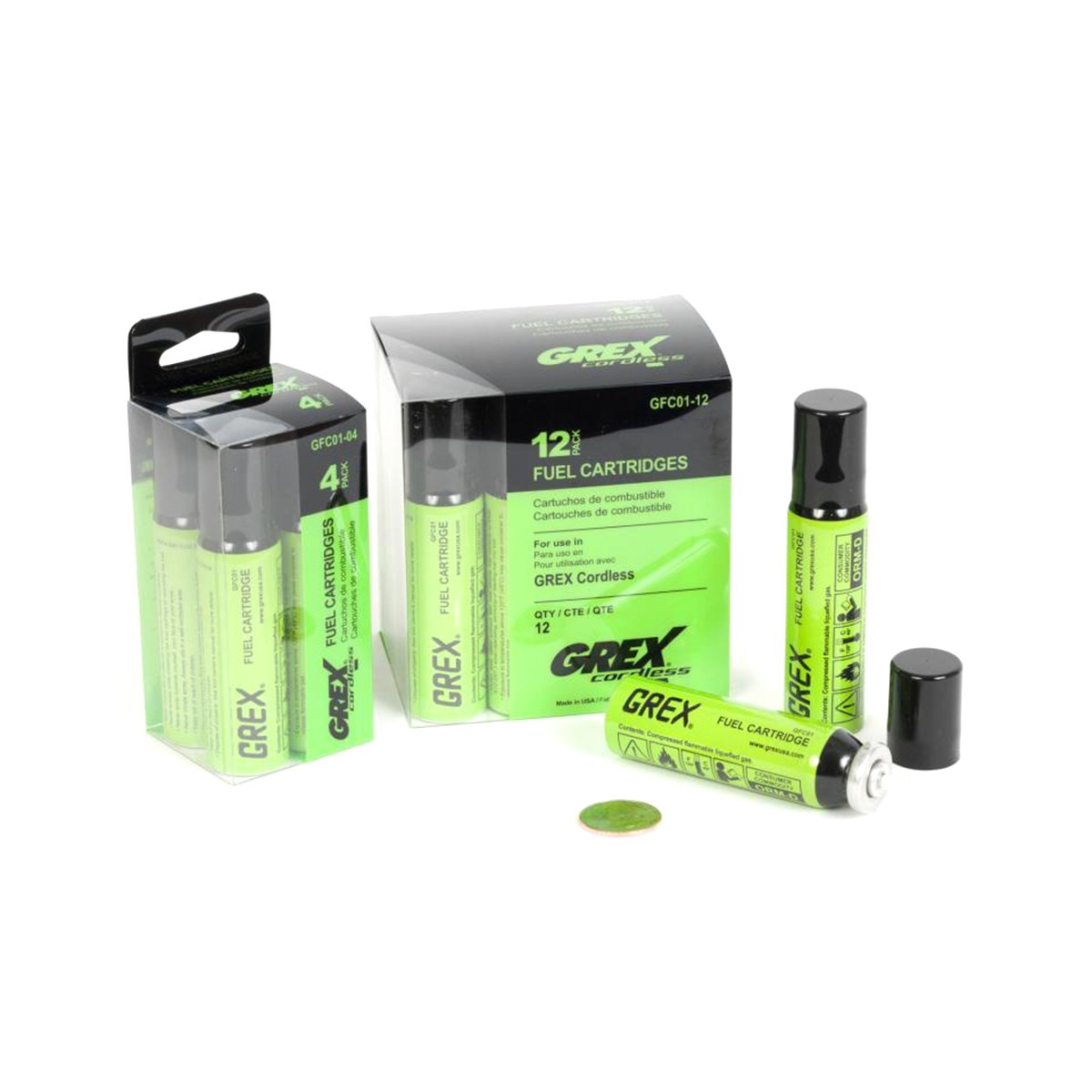4-pack and 12-pack of Grex Fuel Cartridges for Grex cordless nailers and pinners with coin for scale.