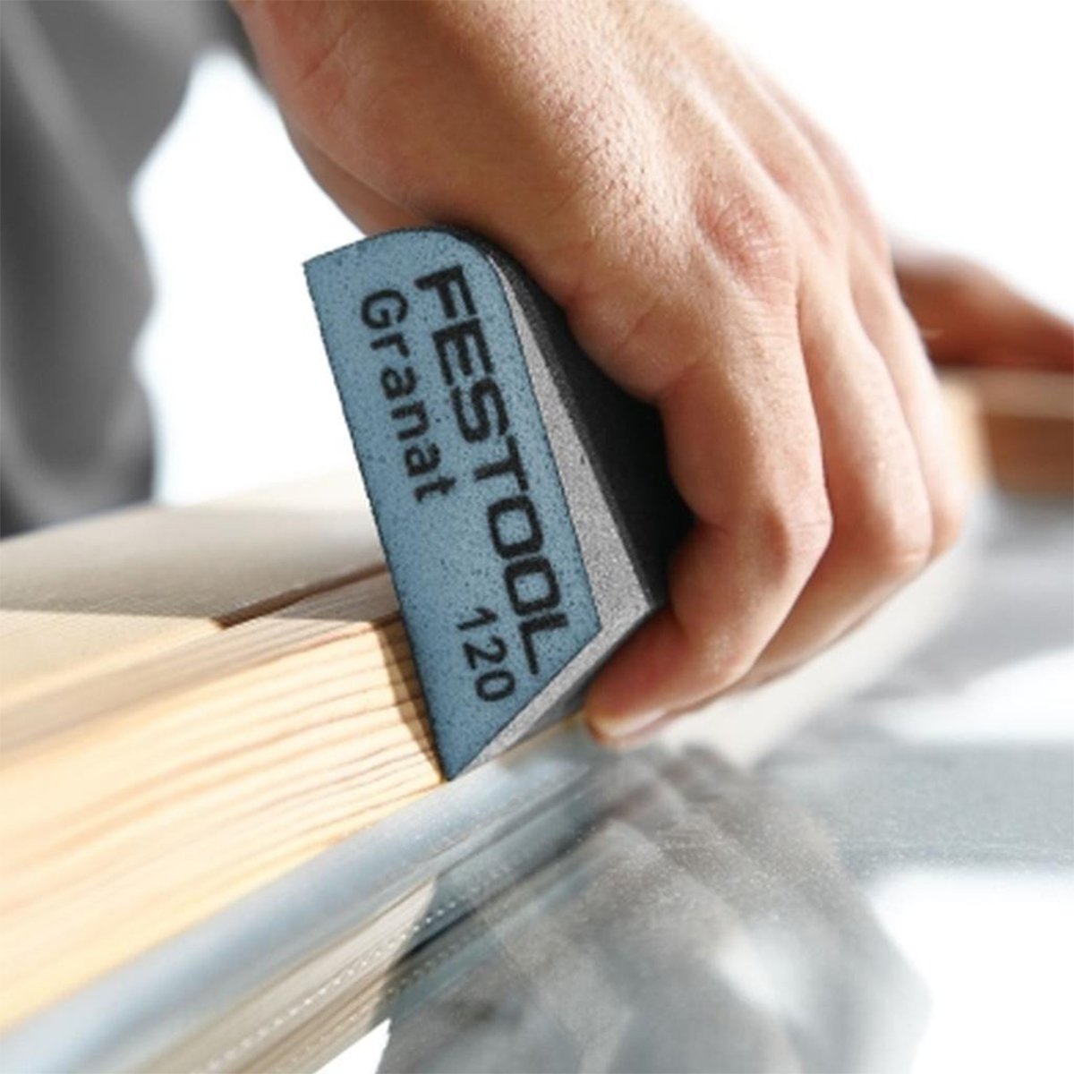 The combi sanding block has a bevelled and radiused edge for sanding tight corners and concave cove moulding profiles.
