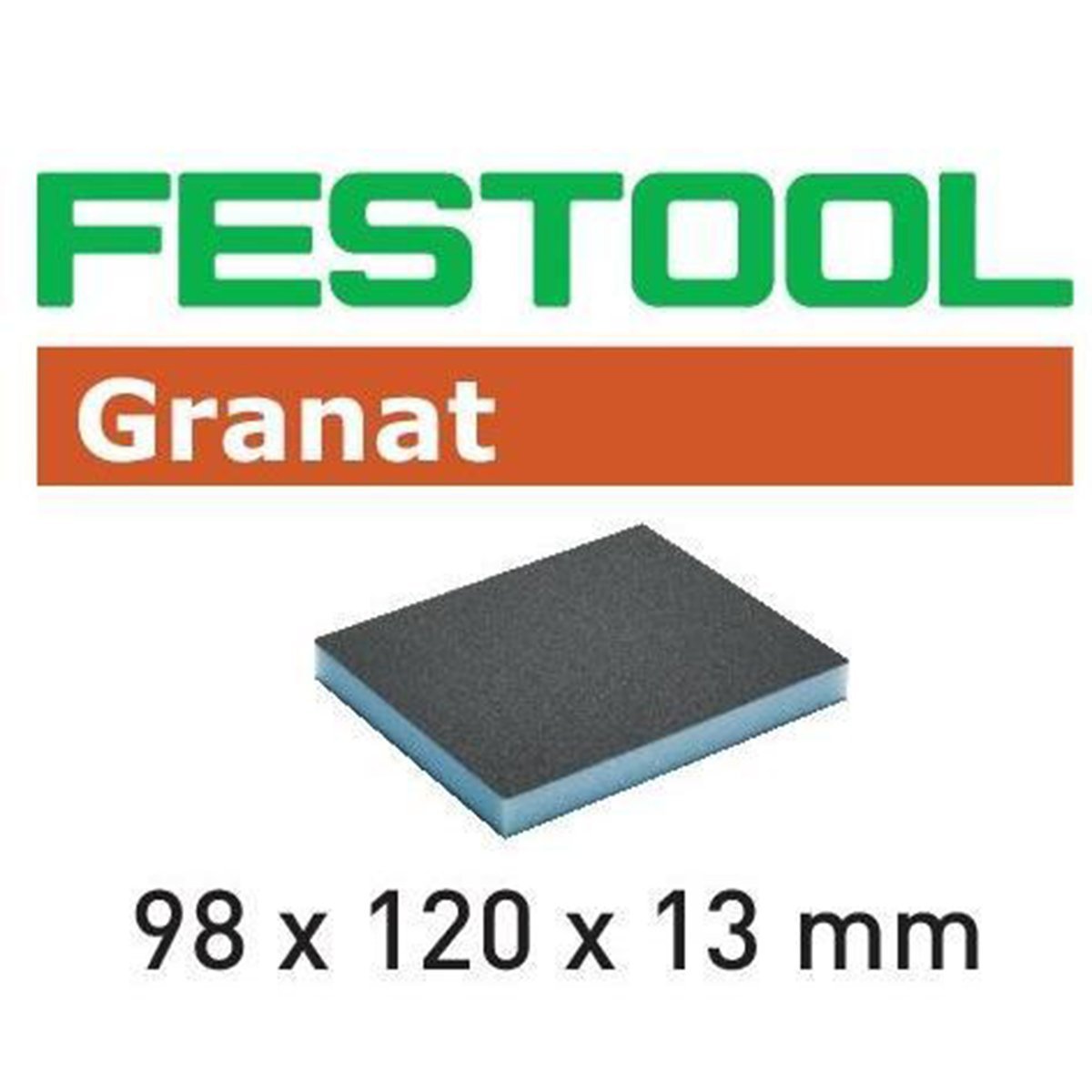 Festool 98x120x13mm double-sided Granat abrasive sponge has a foam core for hand sanding flat surfaces or contours.