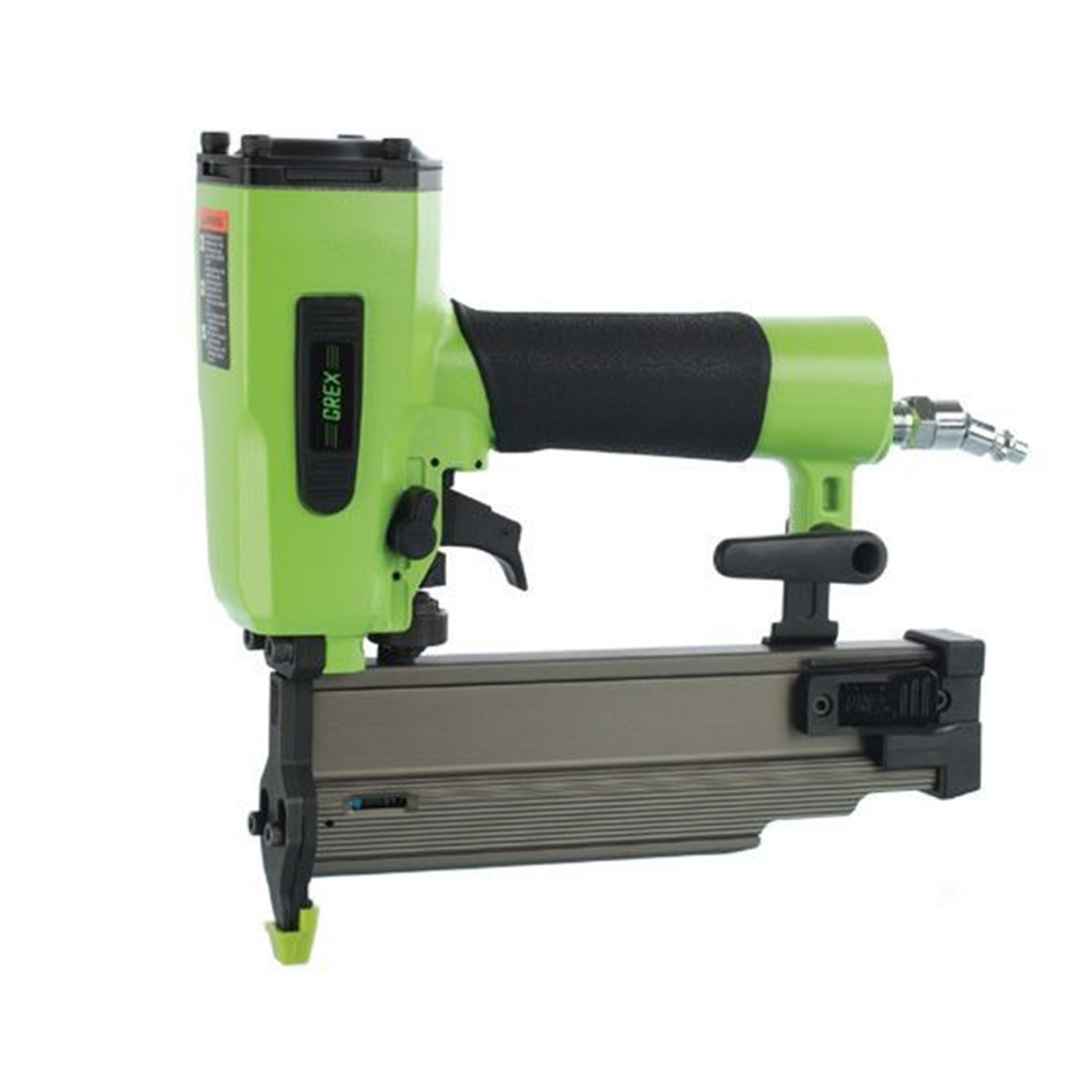 Left side view of Grex 1850GB 18 gauge brad nailer showing fire selection switch, nose safety with cap, belt hook, coupler.