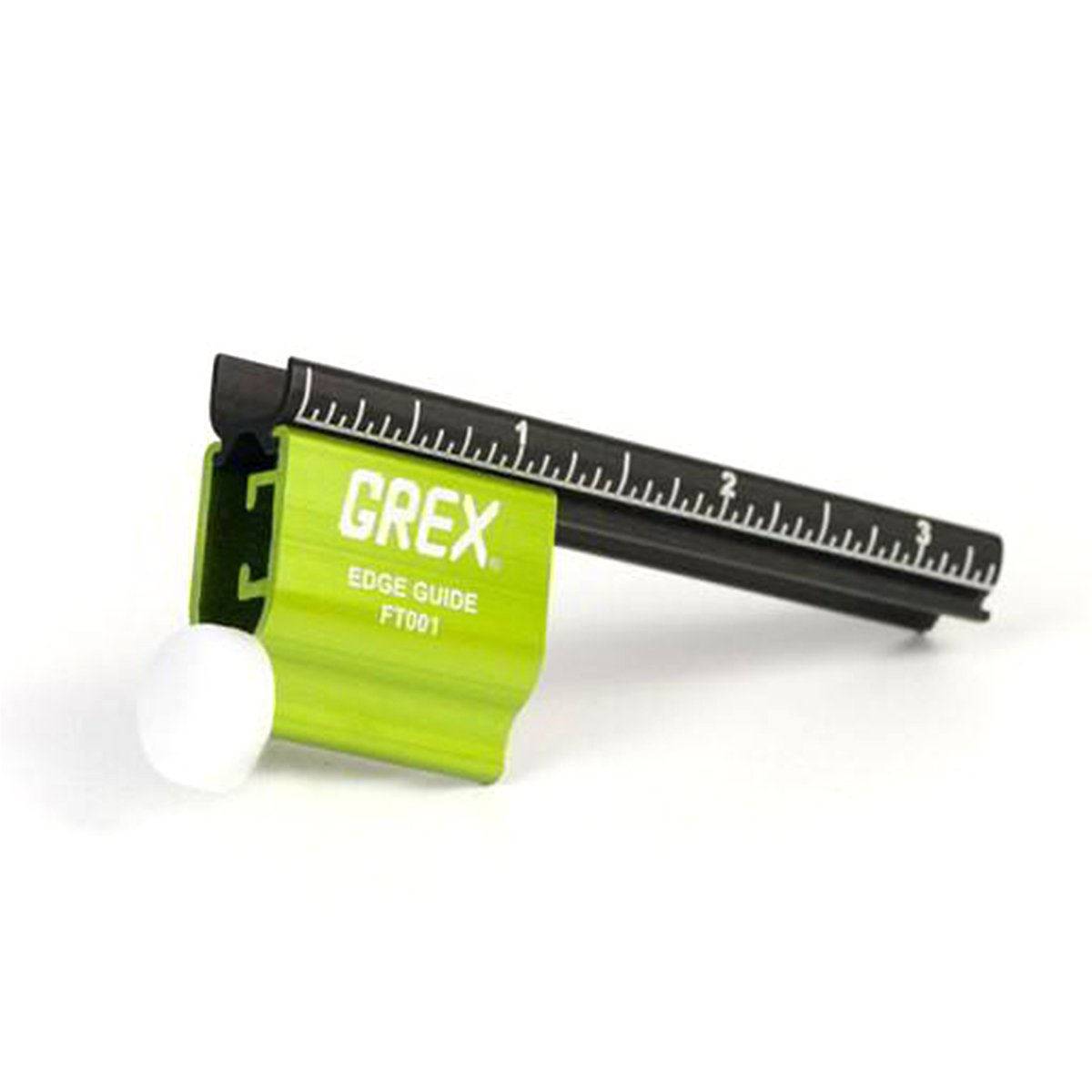 Grex Edge Guide for pinners and nailers has a scale for convenient setting and white non-marring pad on green body.