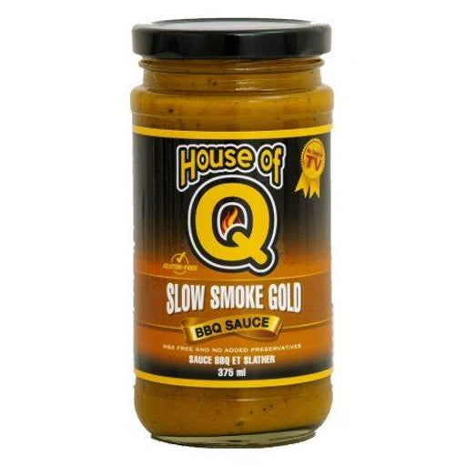 Glass 375ml jar of House of Q Slow Smoke Gold Barbecue Sauce.