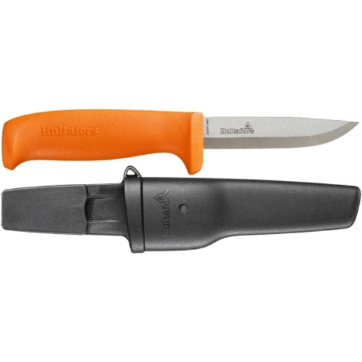 Hultafors HVK Craftsman Knife has an ergonomic orange handle and thin drop point blade. Includes belt sheath.