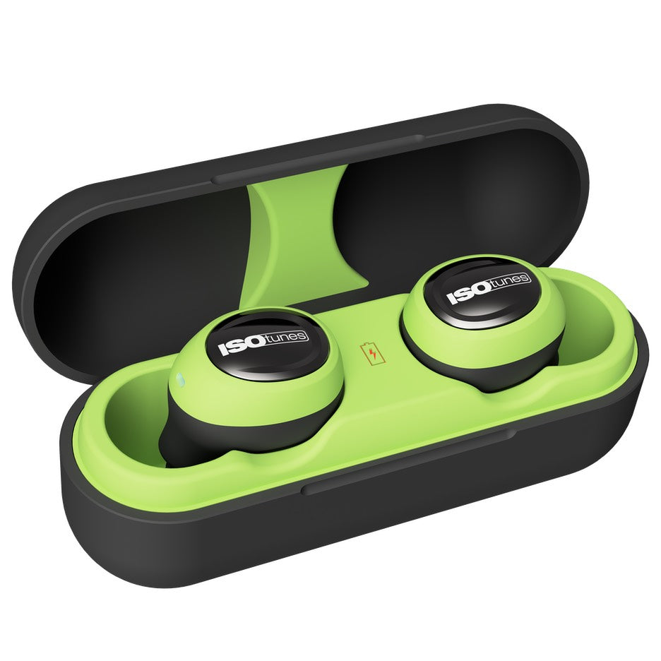 Pair of ISOtunes Free True Wireless Green Earbuds in the black charging case with green interior, to recharge earbuds.