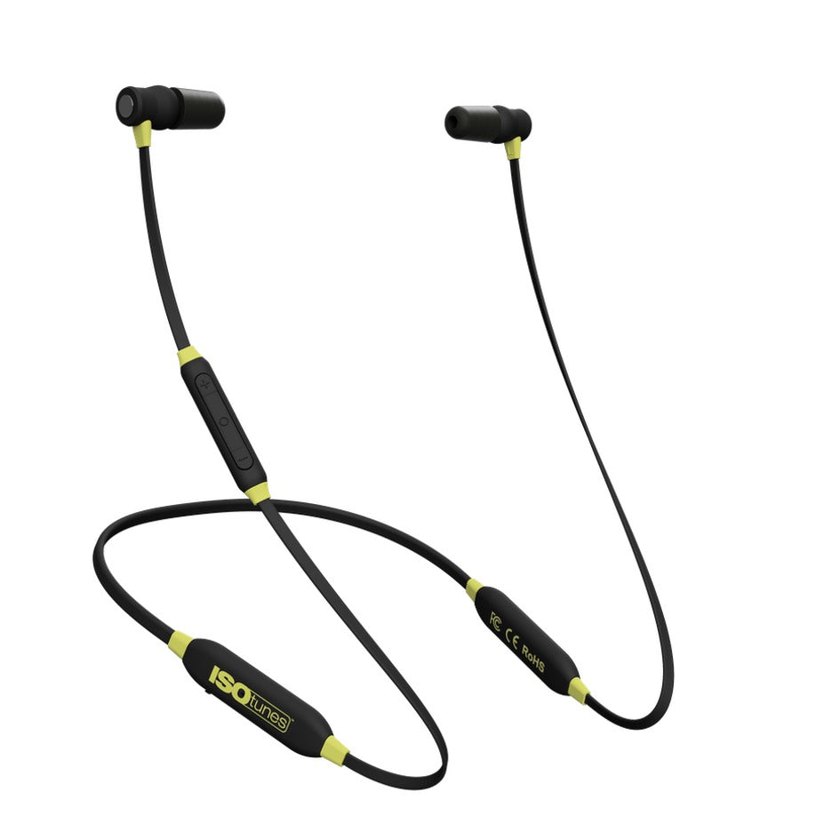 Pair of ISOtunes XTRA Noise Isolation Earbuds with memory foam eartips, neck loop, and controls.