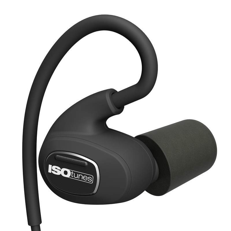 ISOtunes PRO 1.0 Bluetooth Noise Isolating Earbuds have a formable over-ear loop for comfort and security. Black ​cap with logo.