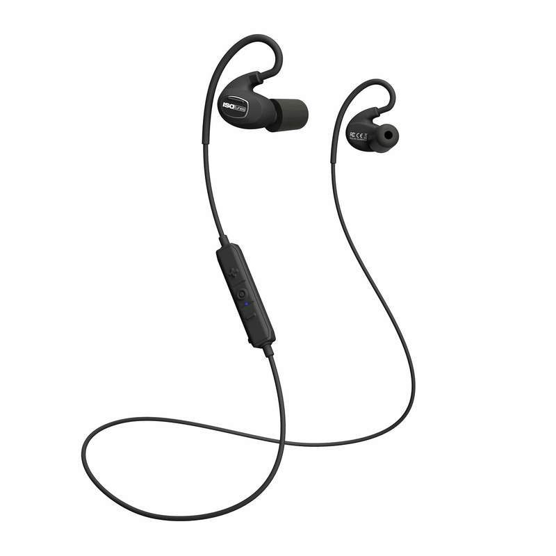 ISOtunes PRO 1.0 Bluetooth Black Noise Isolating Earbuds with formable earpieces, neck loop, controls, memory foam eartips.