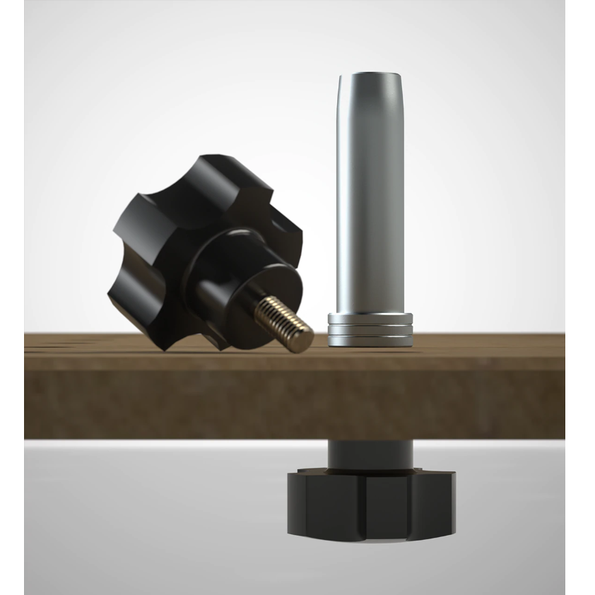 A SpeedKnob clamps a Tall DoubleGroove Bench Dog to a MFT-style worktop, holding is perpendicular to the surface.