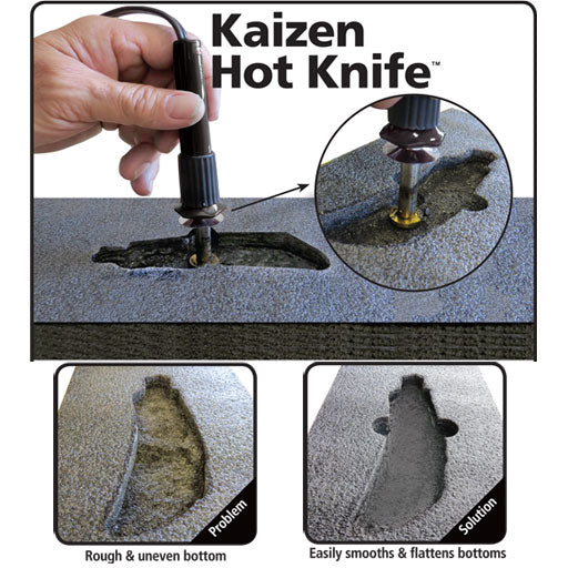 Tap down on rough areas of Kaizen foam using the Kaizen Foam Hot Knife to smooth the area. Before and after example.
