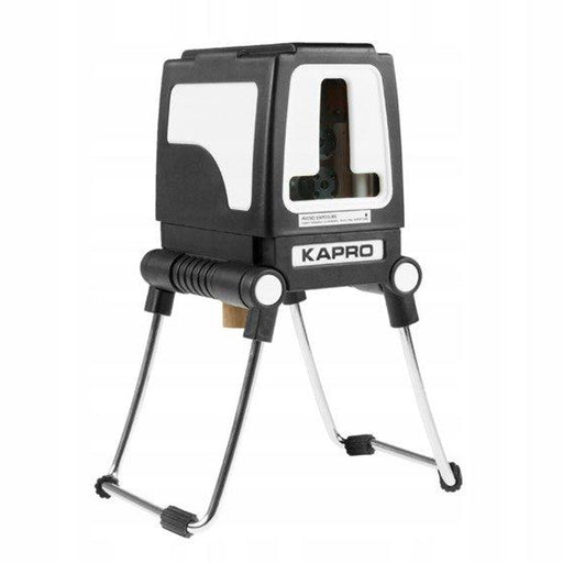 The black and white Kapro Prolaser has adjustable legs, two lasers, control buttons on top, and rubber overmold.