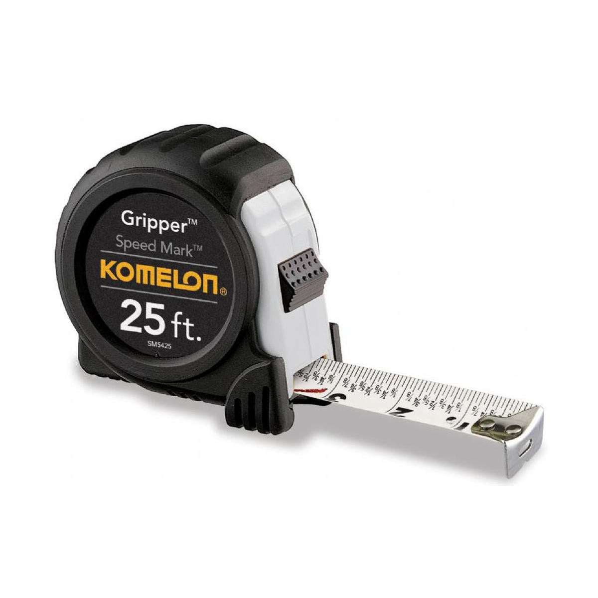 Komelon Gripper Speed Mark tape measure has a rubber coating on the case and white blade with fractions on the bottom edge.