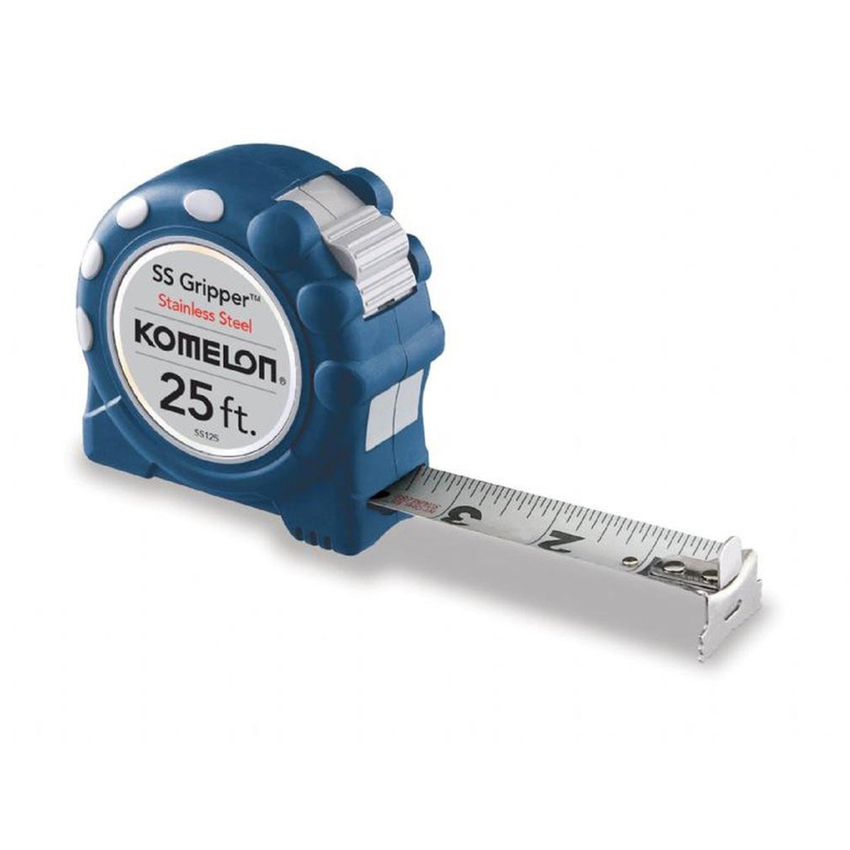Komelon Stainless Steel Gripper 25 foot tape measure has rubberized case for grip and protection, SS blade and hook.