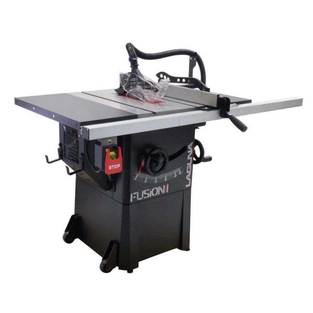 Front left view of Laguna F1 Fusion Table Saw showing 31" rip fence, blade guard with dust collection, optional wheels.