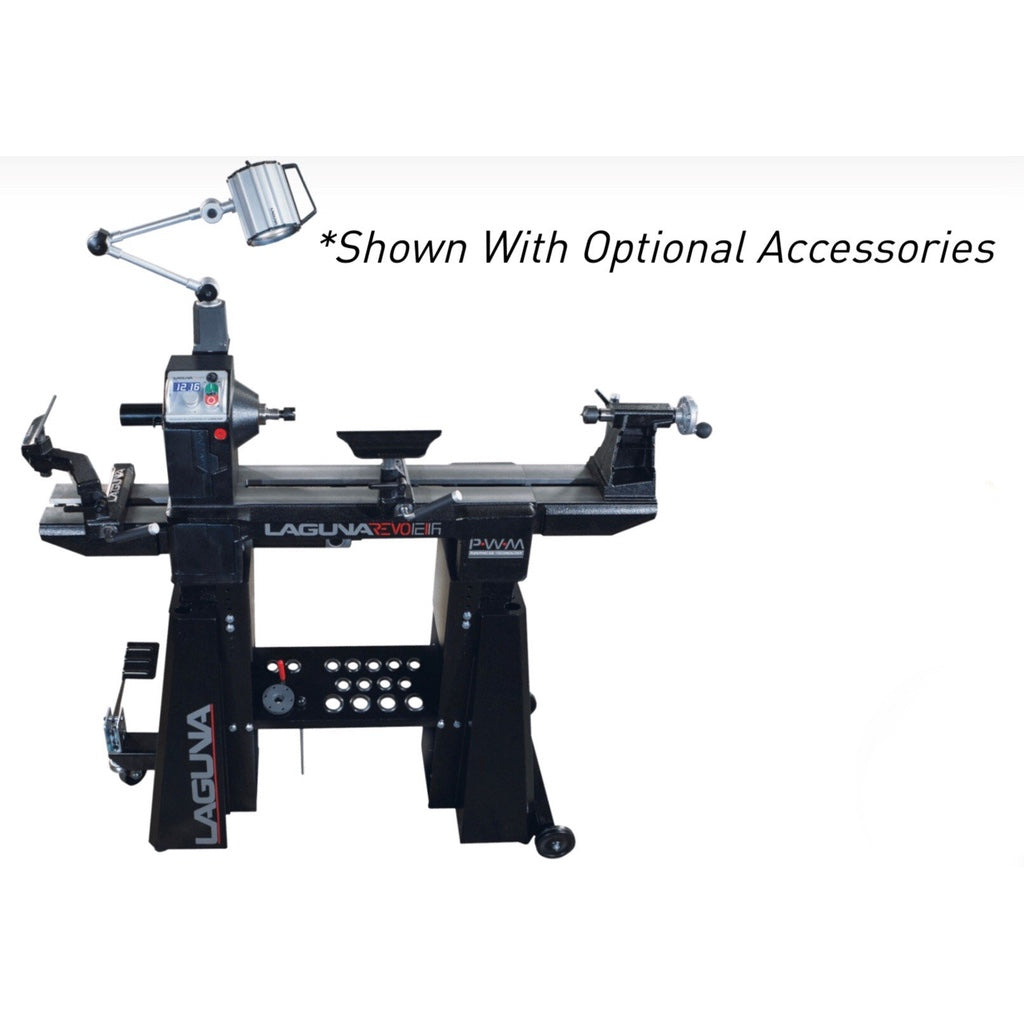 The Laguna Revo 12|16 Lathe loaded with accessories including outboard bed and tool rest, double arm lamp, mobility kit.