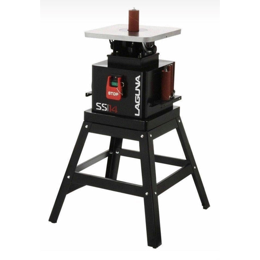 Laguna SS|14 Spindle Sander on steel stand with sanding spindle storage, switch, and tilting table.