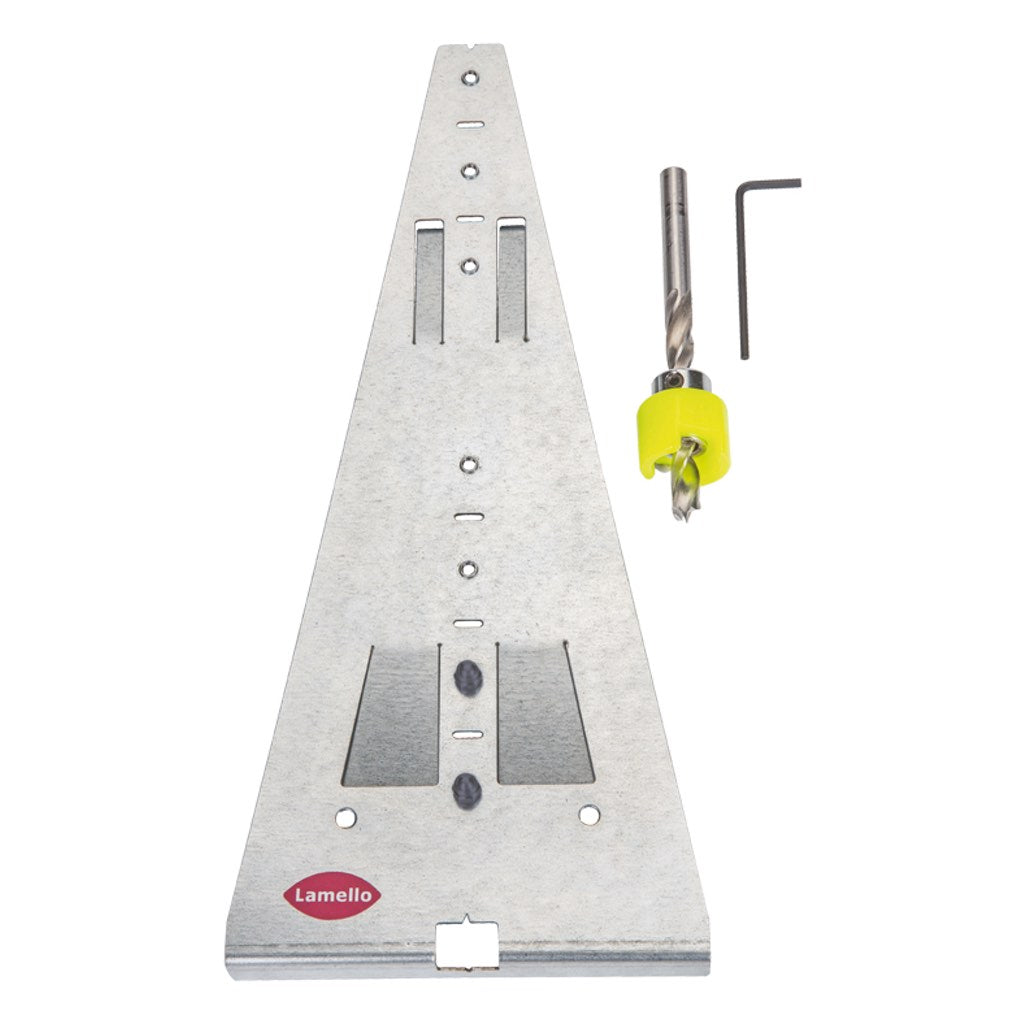 Lamello Divario P-18 Marking Jig, brad point drill bit with rotating depth stop, and hex key for adjustments.