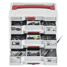 Lamello Clamex P, Tenso P and Divario P, connectors and tools are organized neatly and labelled in a 3-drawer Systainer.
