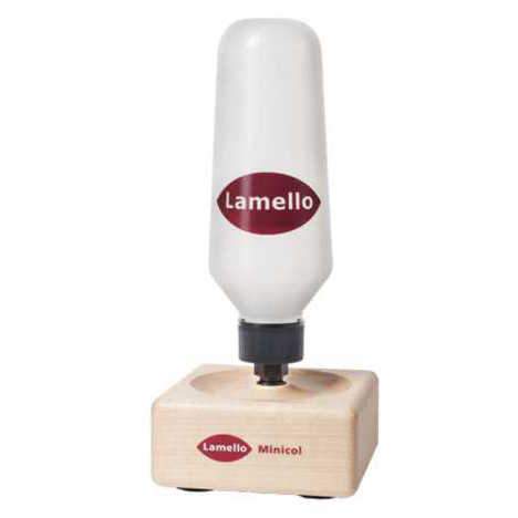 The Lamello Minicol glue bottle has a stable wooden base that keeps the glue at the tip, ready for use, and from drying out.