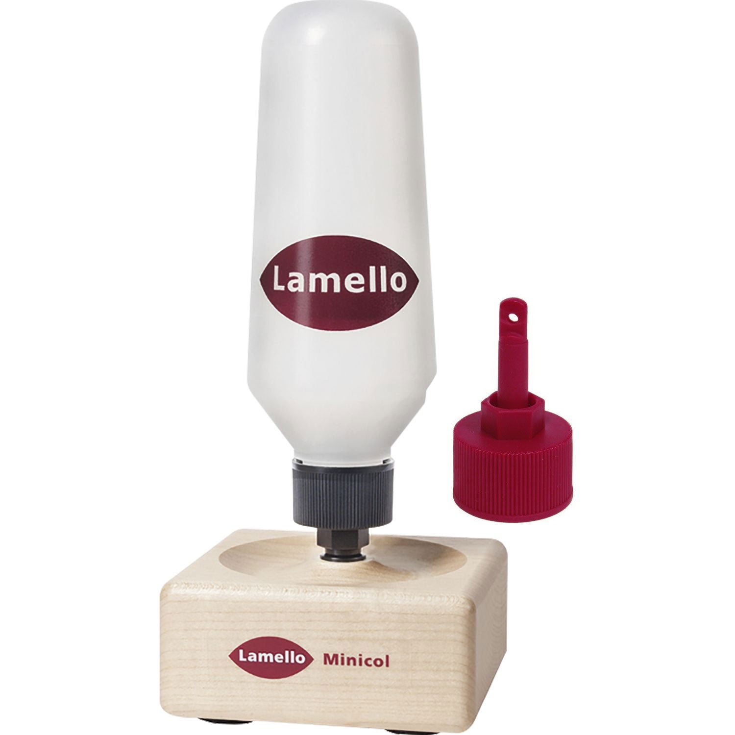 Lamello Minicol Glue Bottle with Plastic Nozzle in wooden base