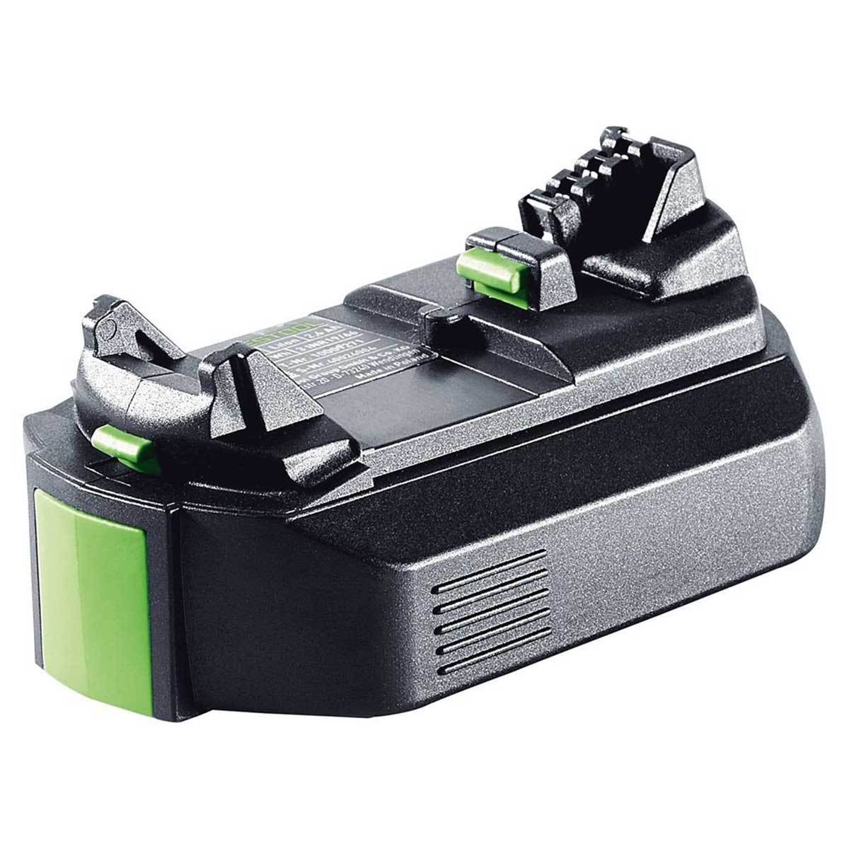Festool 10.8V 2.6Ah Lithium Ion batter with wide base, green release button for removal from CXS or TXS cordless drill.