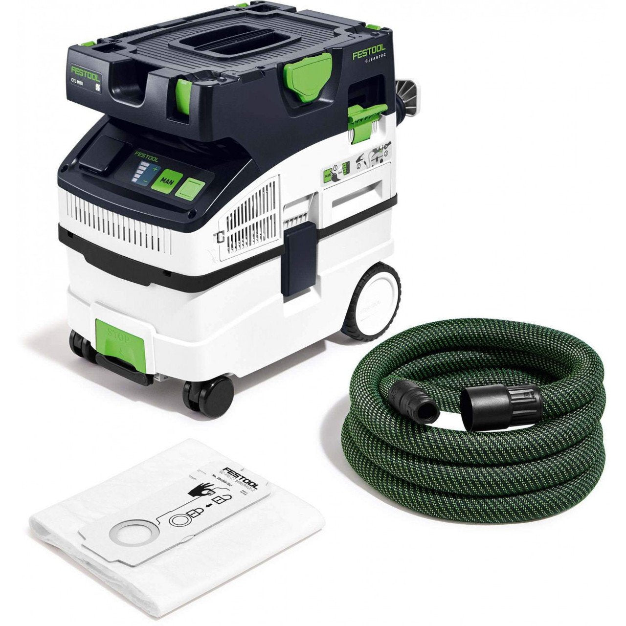 The CT MIDI I includes dust extractor on casters, cord wrap, Sys-Dock, Self-clean filter bag, and D27mm x 3.5m hose.